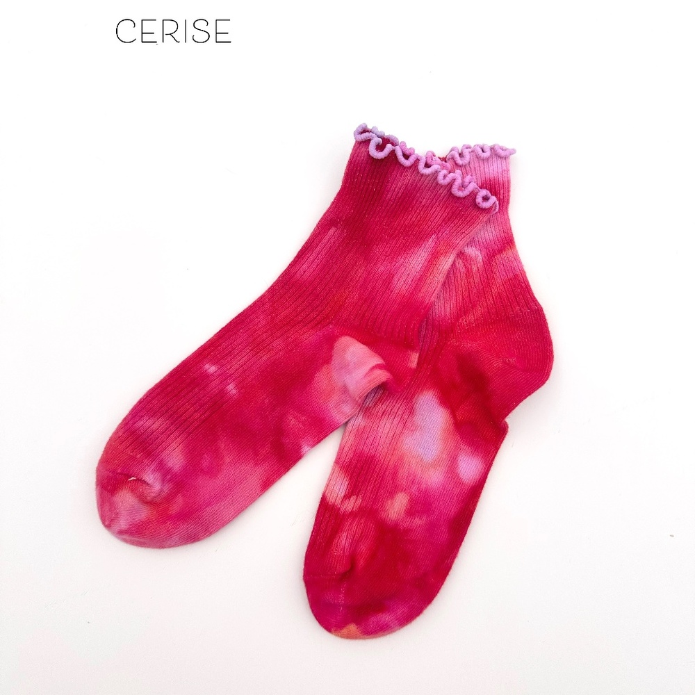 Colorful Red Ruffle Socks Tie Dye Cherry Pink Womens Mid crew Ice Dye Socks